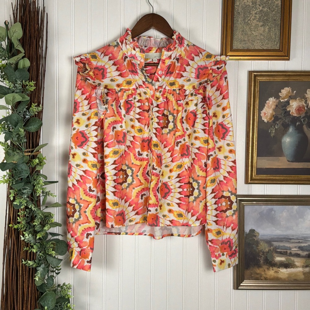 PINCH Ruffle Trim Blouse Womens Large Multicolor Excellent Ikat Print